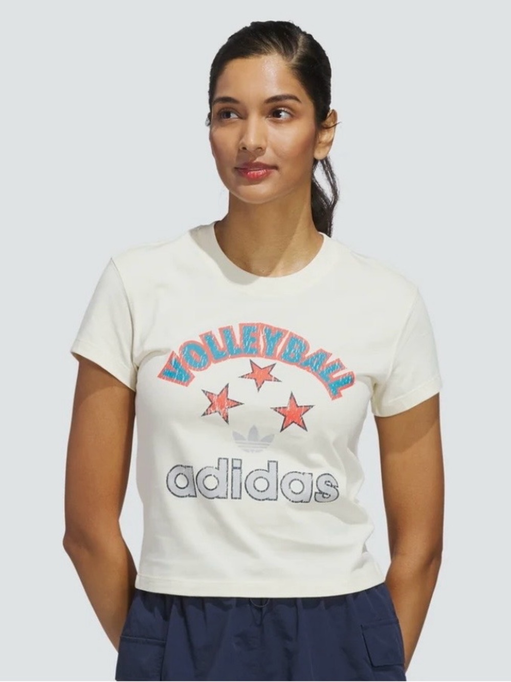 adidas Cream Cropped 'Volleyball' Graphic Tee with Red & Blue Accents